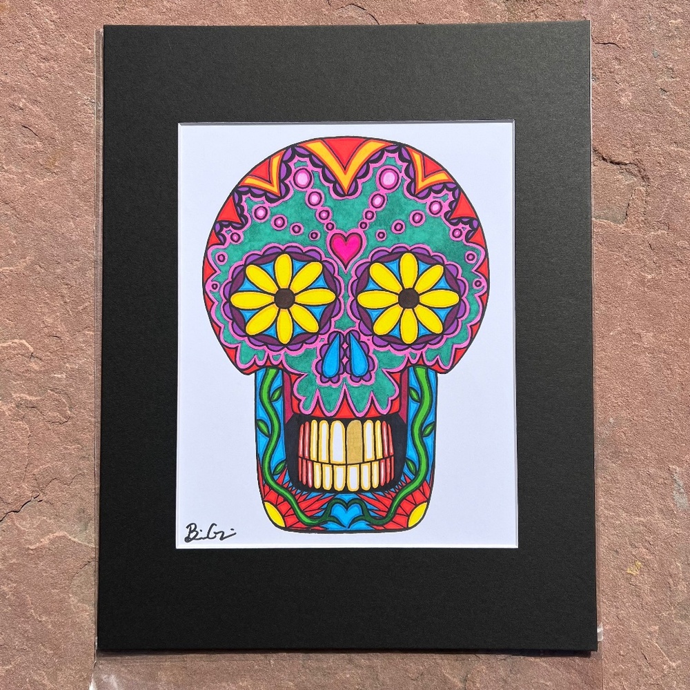 Yellow Daisy Eyes with Heart Third Eye Skull Matted Art Print, NWOT